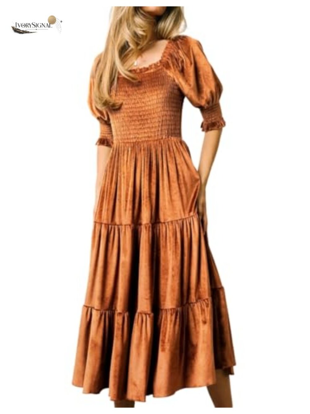 Women's Velvet Puff Sleeve Square Neck Smocked Tiered Ruffle Midi Dress Fall